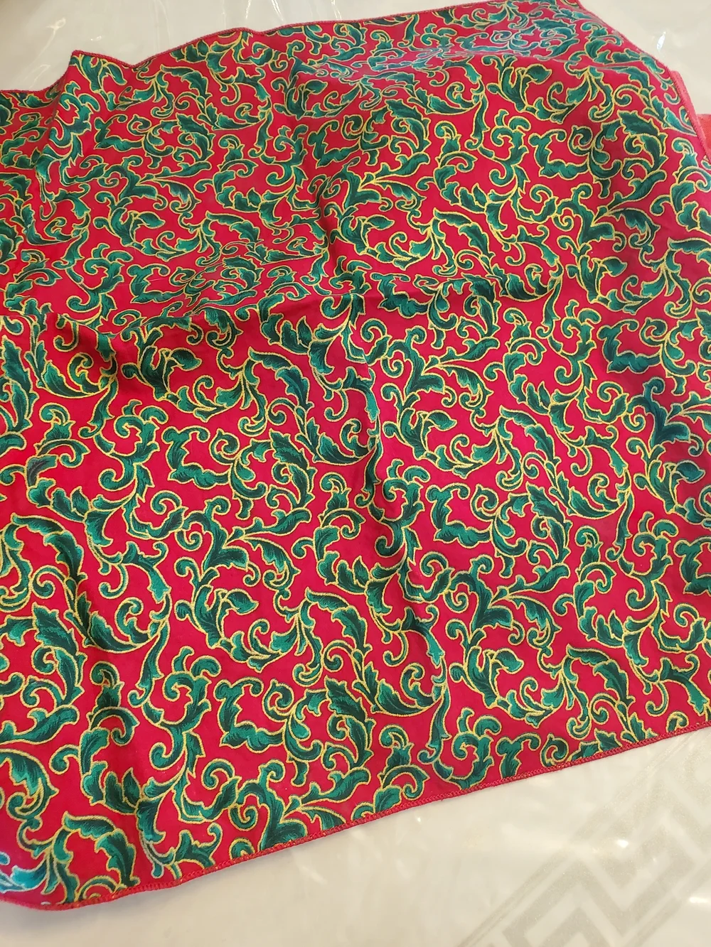 Bright Red Decorative Fabric Set with Green and Gold Scroll Pattern - Unbranded